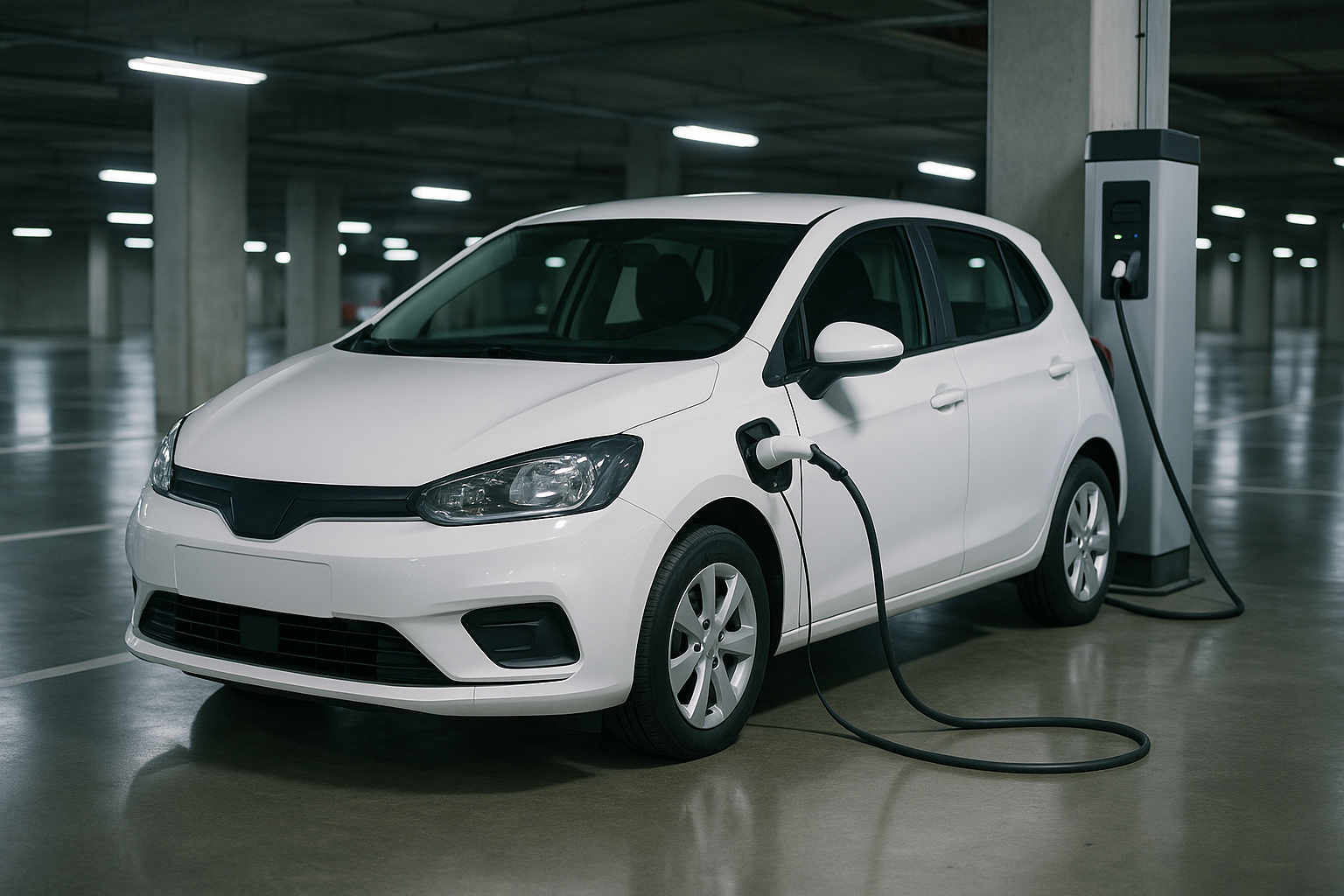 Carro compacto branco conectado a carregador elétrico em estacionamento coberto